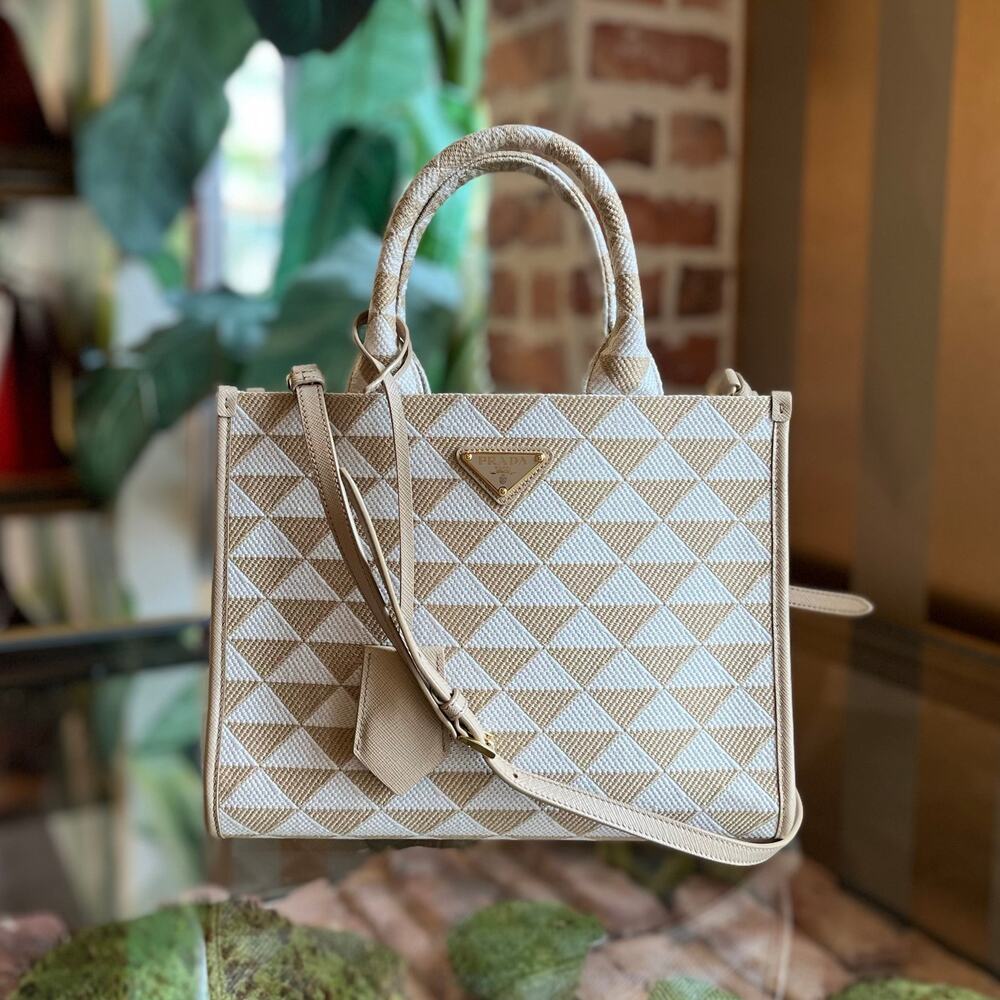 PRADA Symbole Shopper Small Beige Jacquard Tote